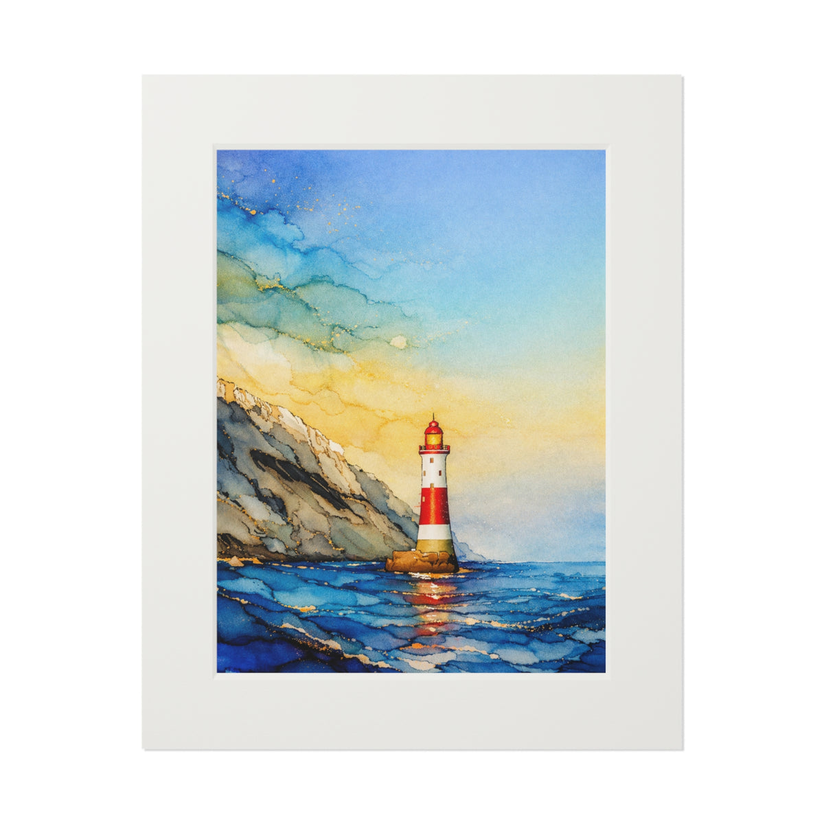 Lighthouse Seascape Alcohol Ink-Style Art Print with Passepartout Frame