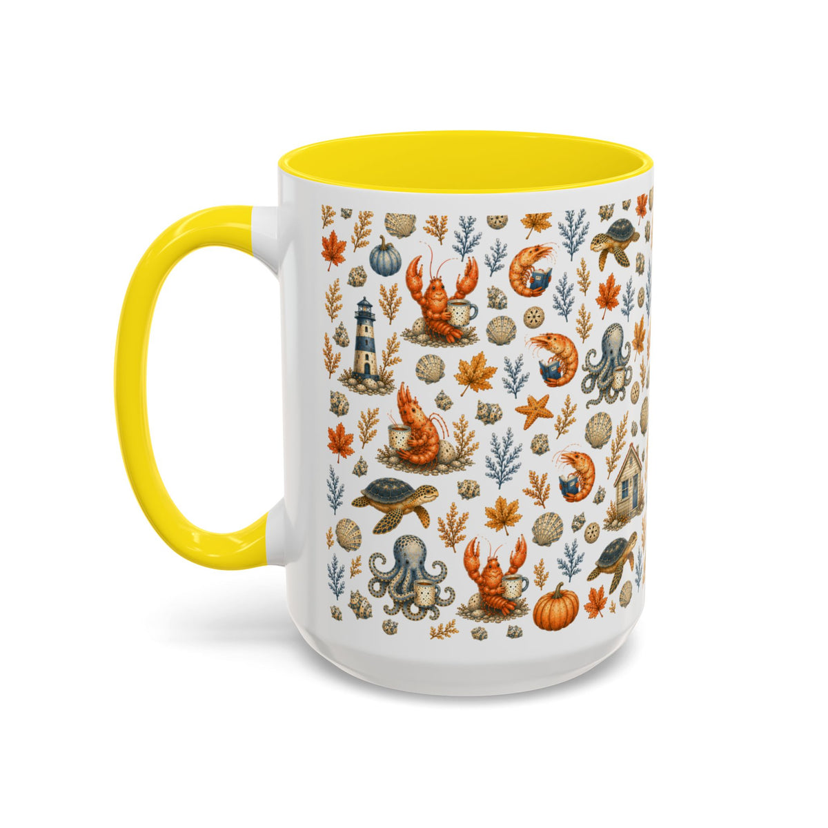 Autumn Coastal Pattern Coffee Mug, Fall Sea Creatures & Leaves (11/15oz)