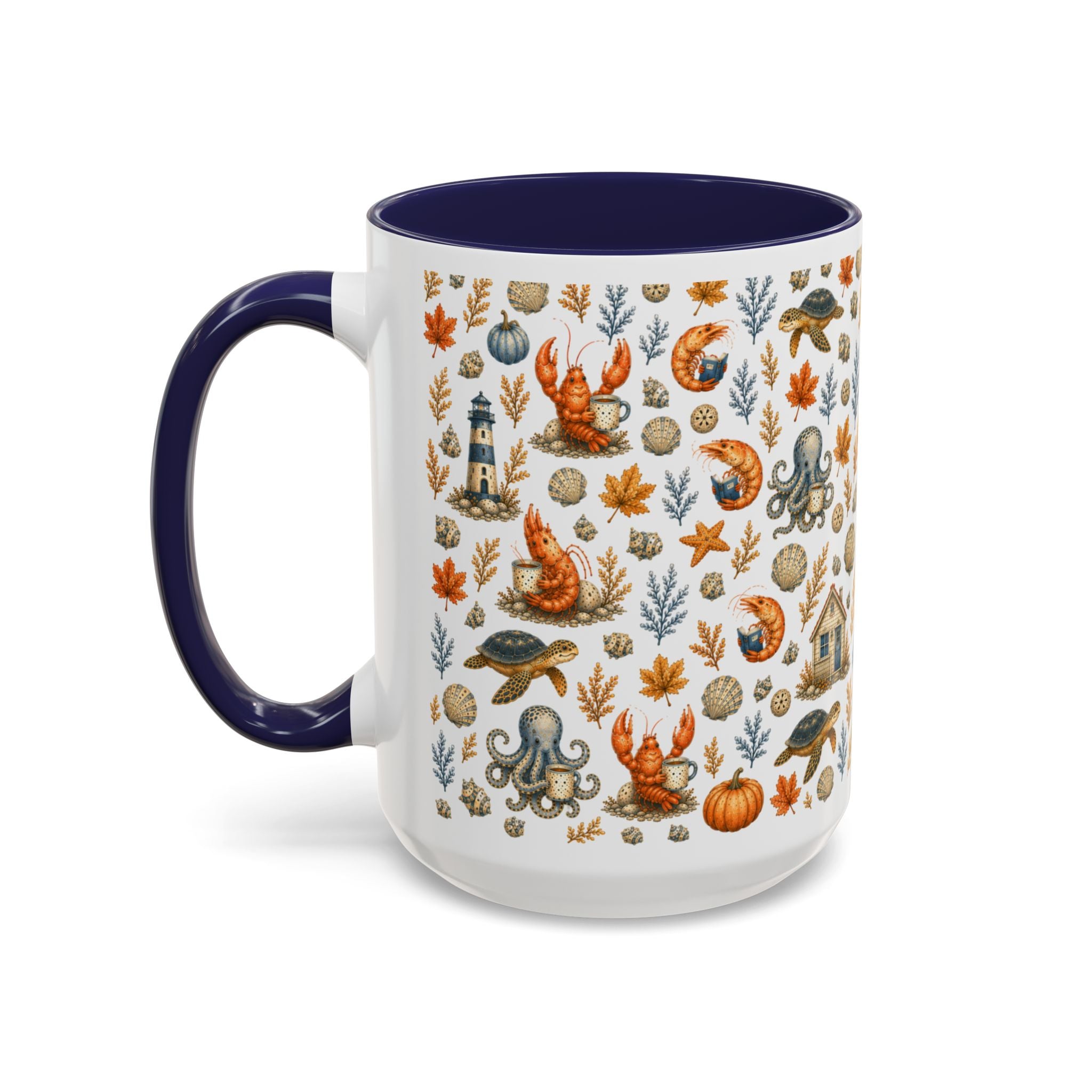 Autumn Coastal Pattern Coffee Mug, Fall Sea Creatures & Leaves (11/15oz)