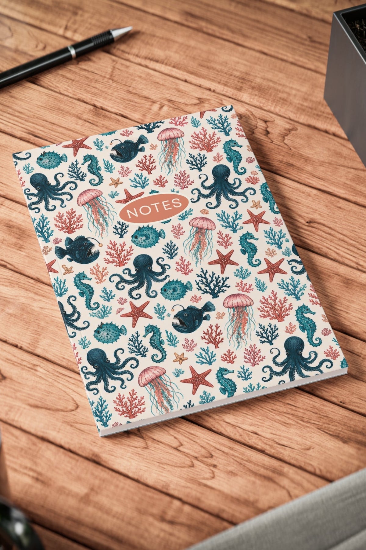 Ocean Life Notebook, Softcover A5 Journal with Octopus & Jellyfish Pattern