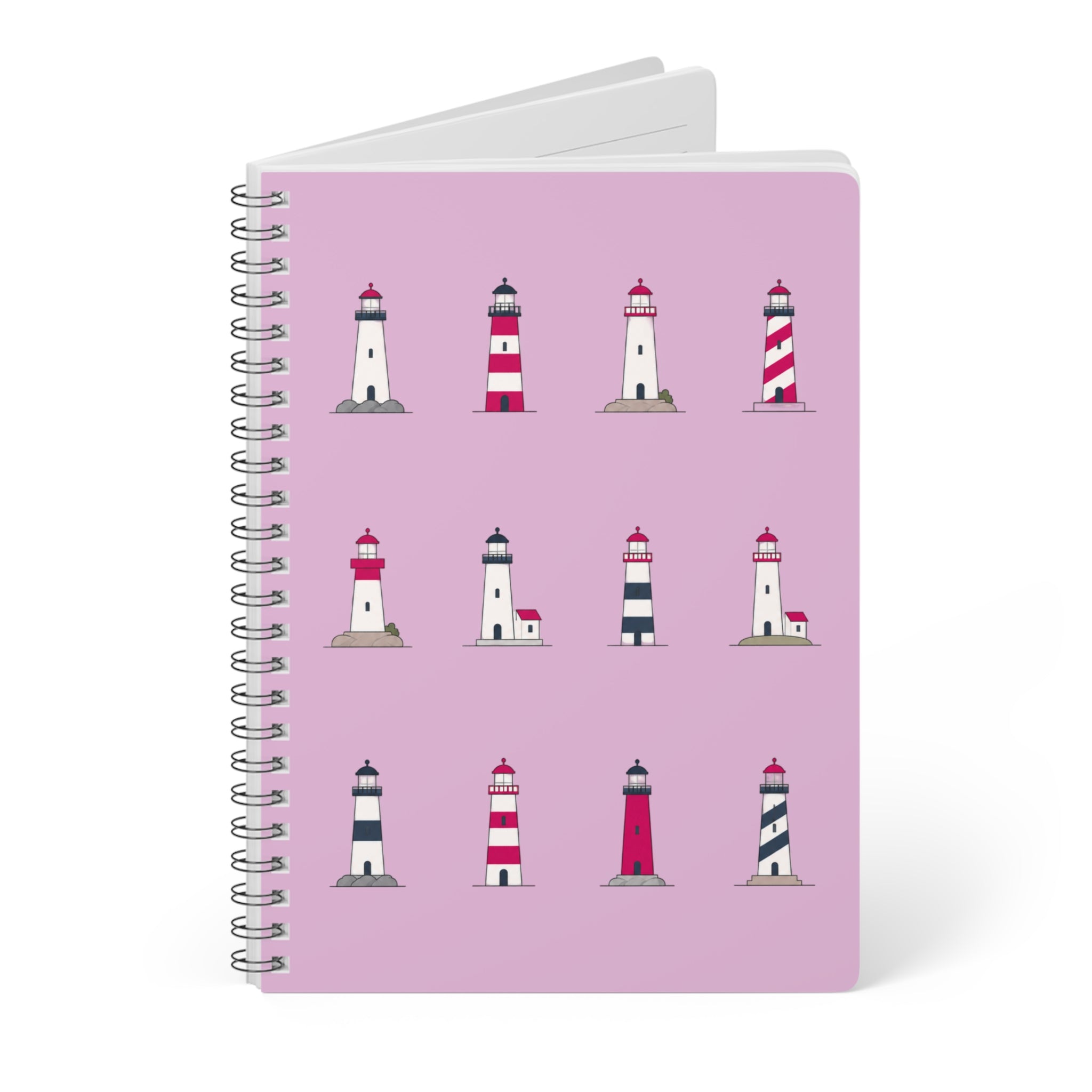 Lighthouse Pattern A5 Spiral Notebook — Pink