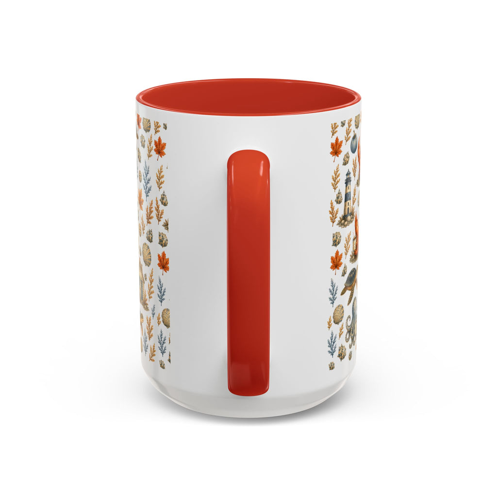 Autumn Coastal Pattern Coffee Mug, Fall Sea Creatures & Leaves (11/15oz)