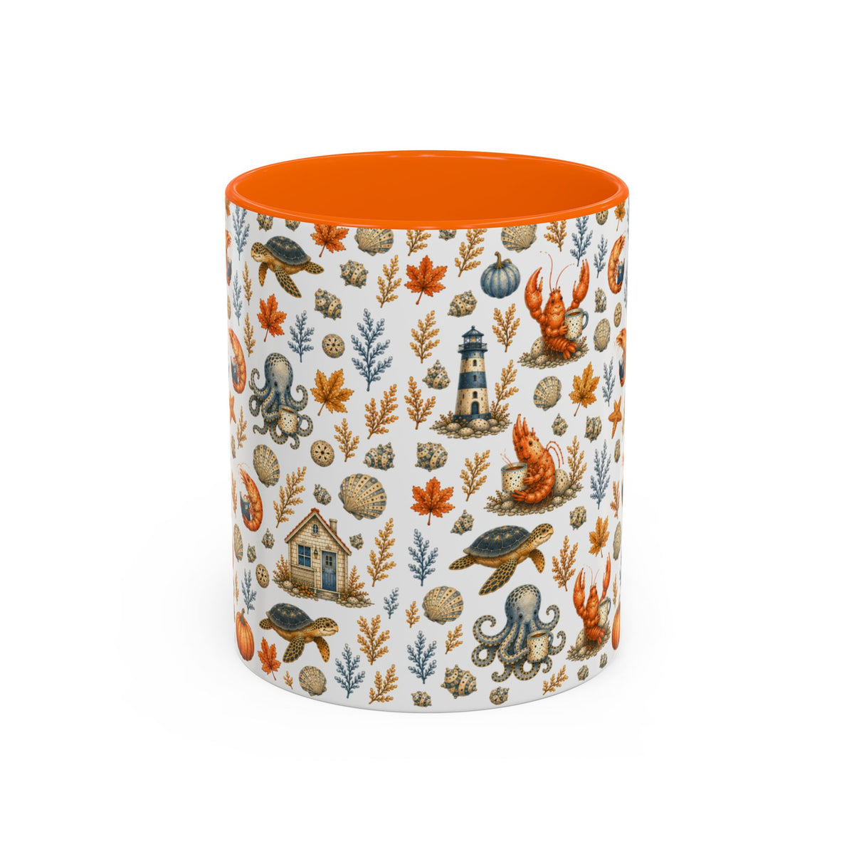 Autumn Coastal Pattern Coffee Mug, Fall Sea Creatures & Leaves (11/15oz)