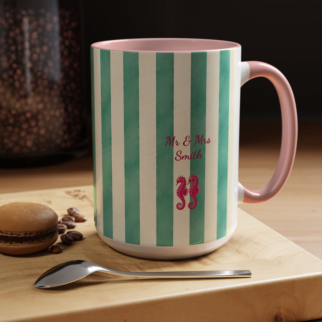 Personalized Striped Coffee Mug, Custom Name Seahorse Cup
