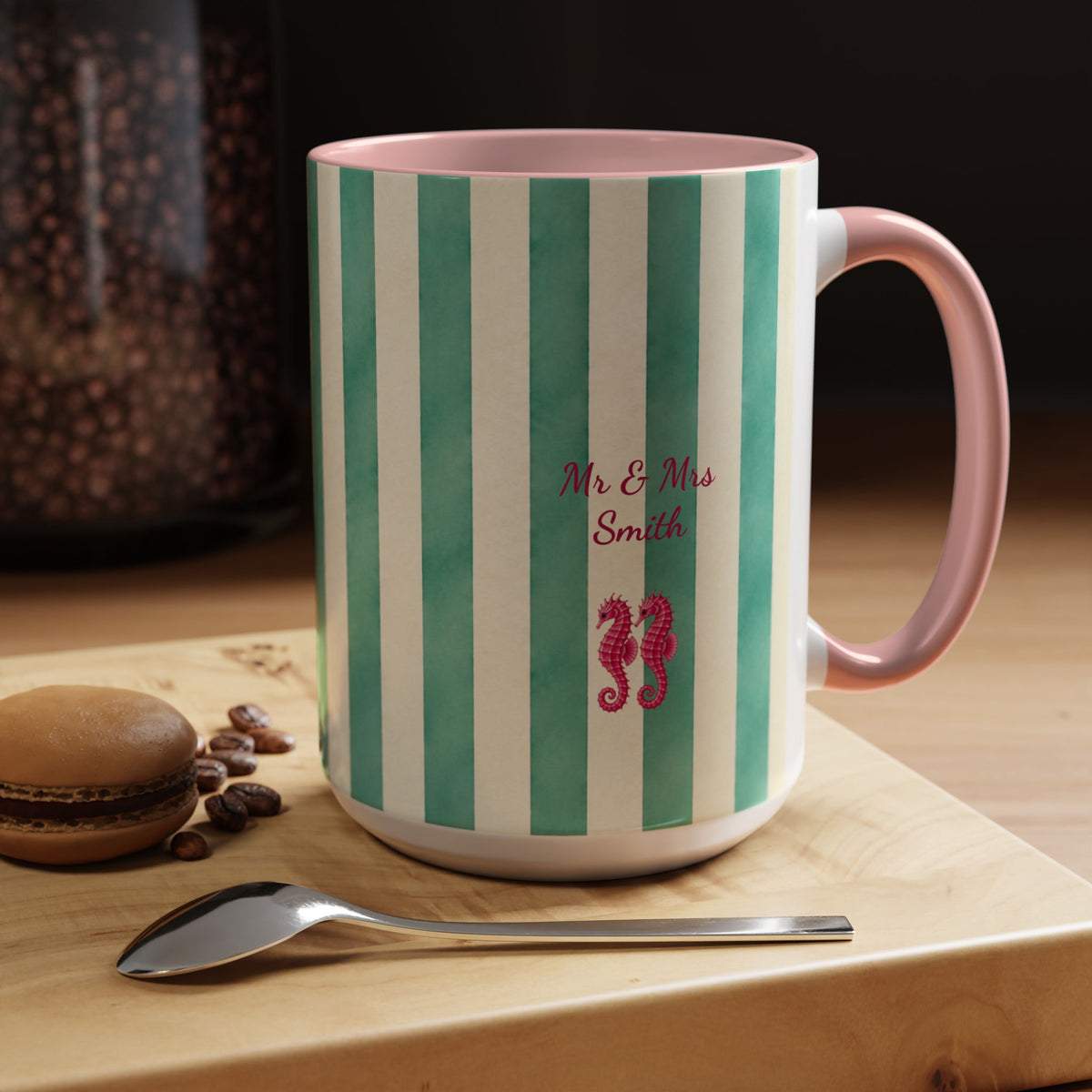Personalized Striped Coffee Mug, Custom Name Seahorse Cup