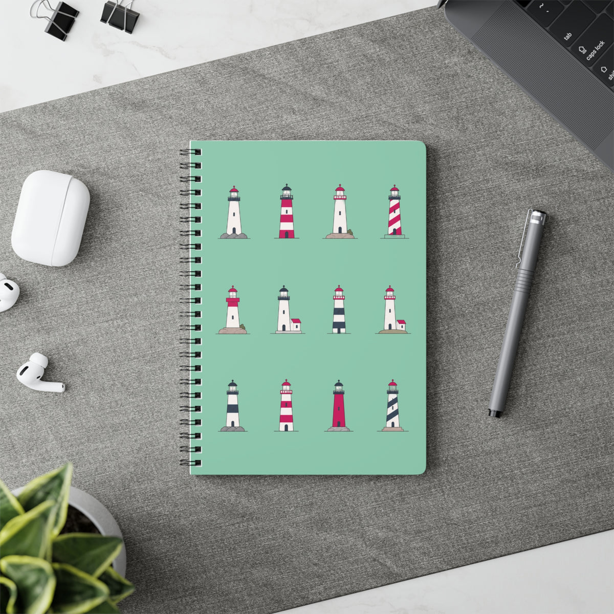 Lighthouse Pattern A5 Spiral Notebook - Green