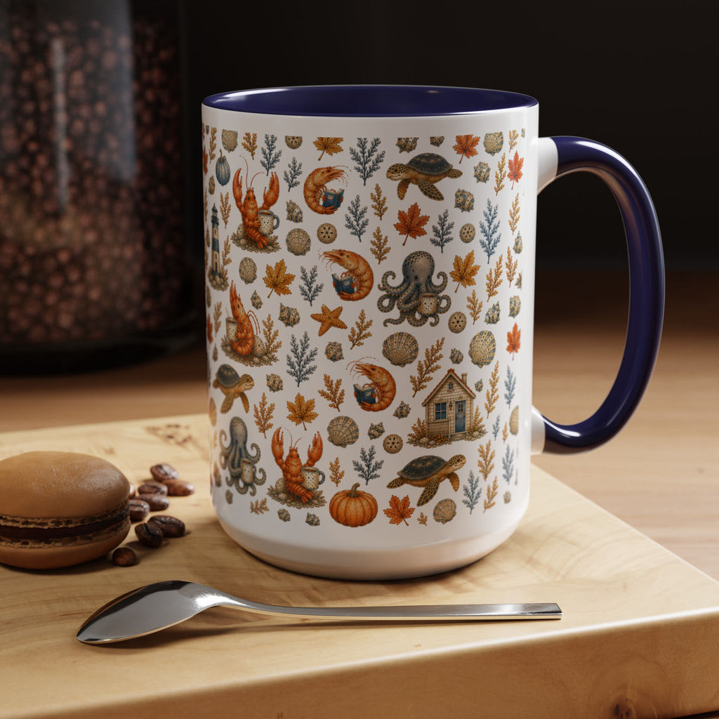 Autumn Coastal Pattern Coffee Mug, Fall Sea Creatures & Leaves (11/15oz)