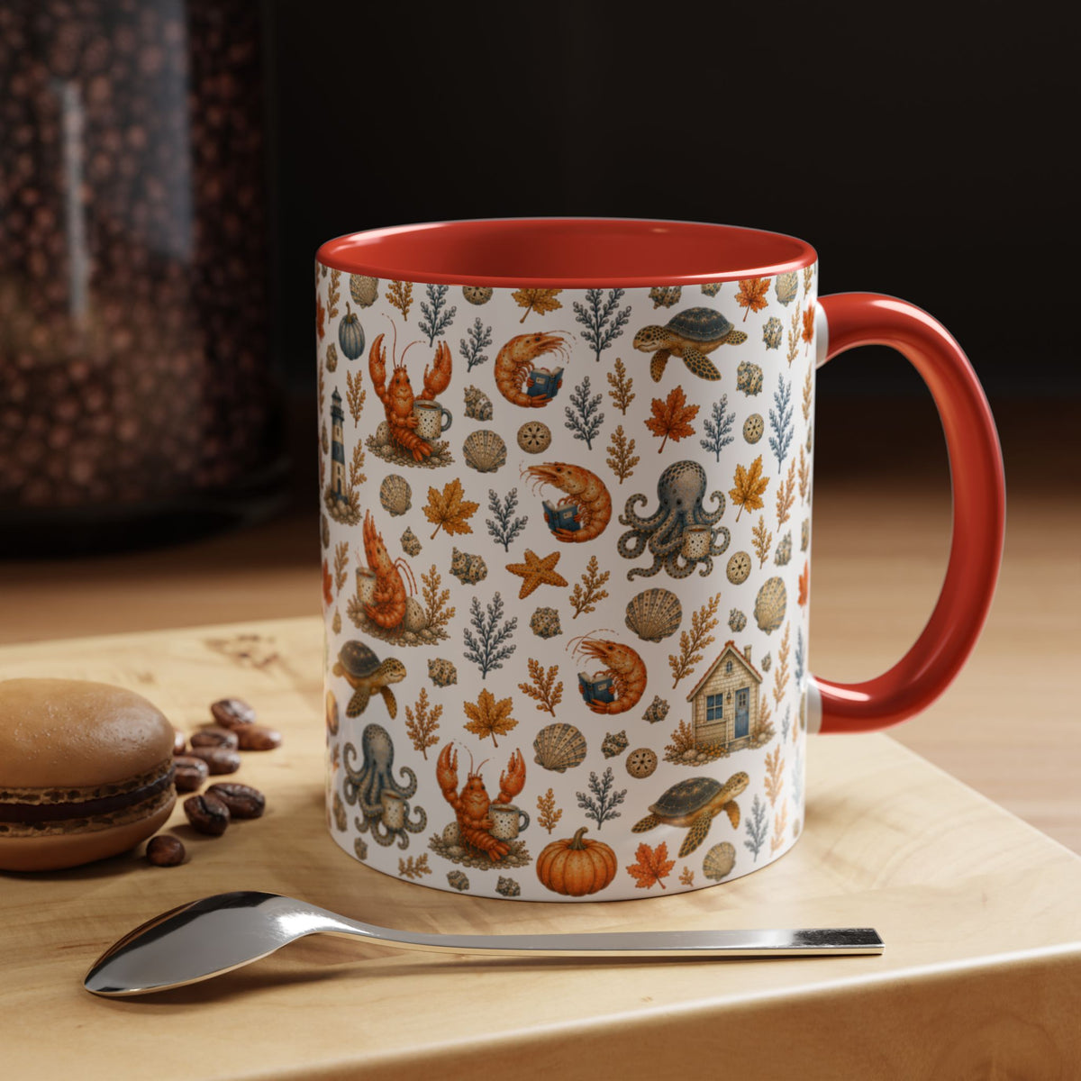 Autumn Coastal Pattern Coffee Mug, Fall Sea Creatures & Leaves (11/15oz)