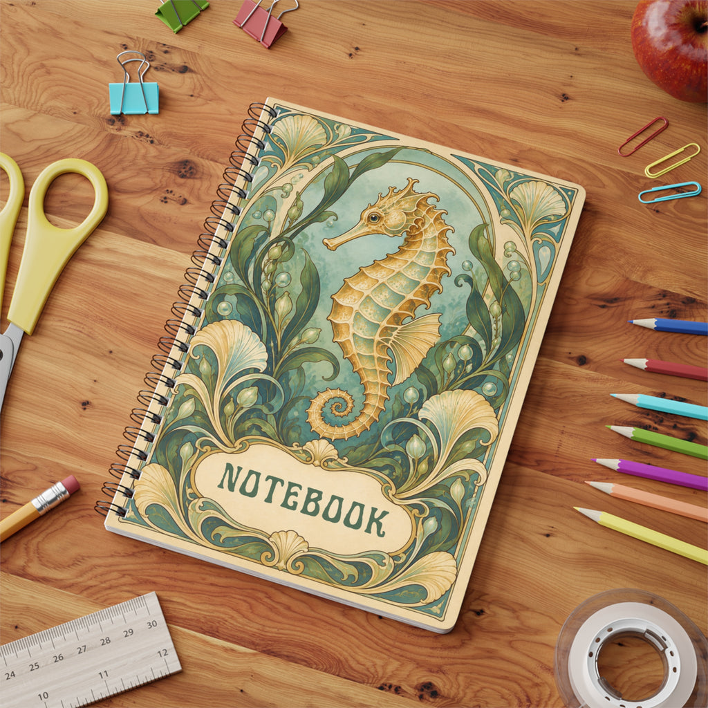 Art Nouveau Seahorse Notebook – Vintage Coastal Journal, Ocean-Inspired Spiral-Bound Notebook