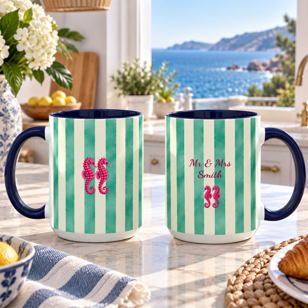 Personalized Striped Coffee Mug, Custom Name Seahorse Cup