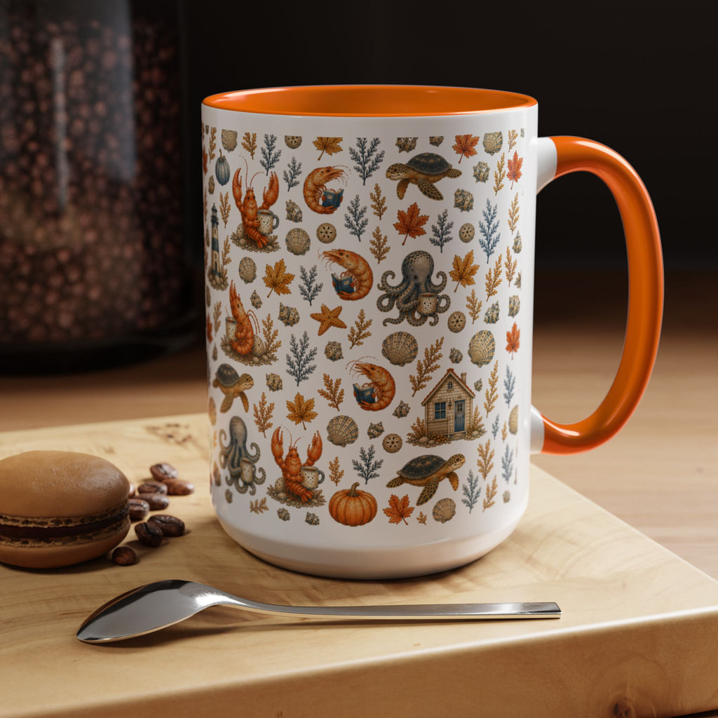 Autumn Coastal Pattern Coffee Mug, Fall Sea Creatures & Leaves (11/15oz)