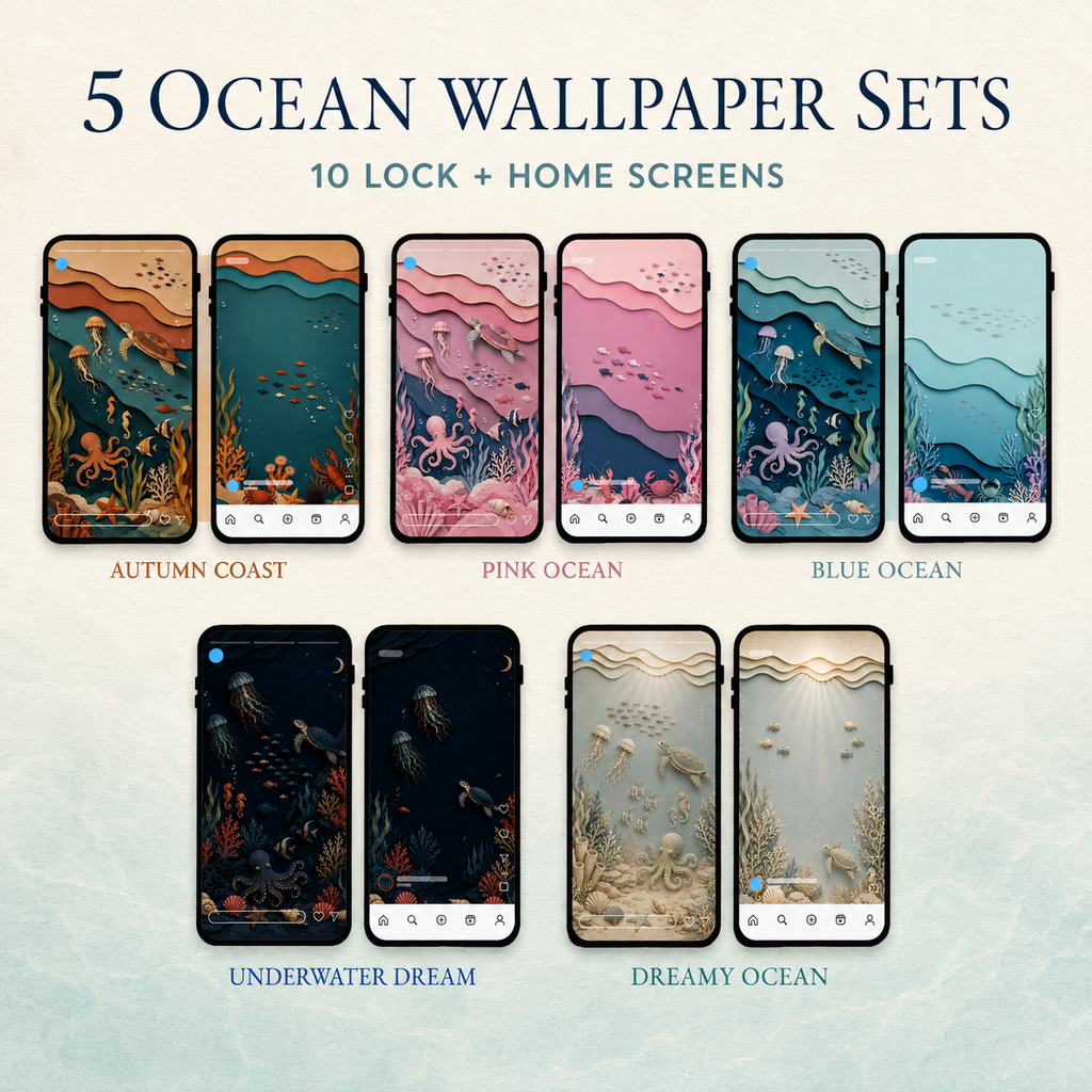 Ocean Phone Wallpaper Bundle, 5 Coastal Lock & Home Screen Sets
