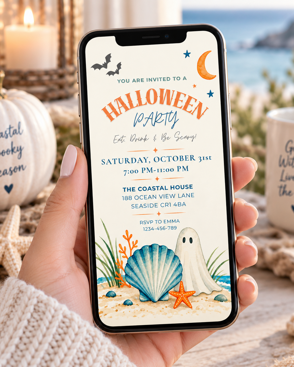 Halloween Coastal Digital Invitation, Beach Halloween Party Invitation, Printable & Mobile Invite