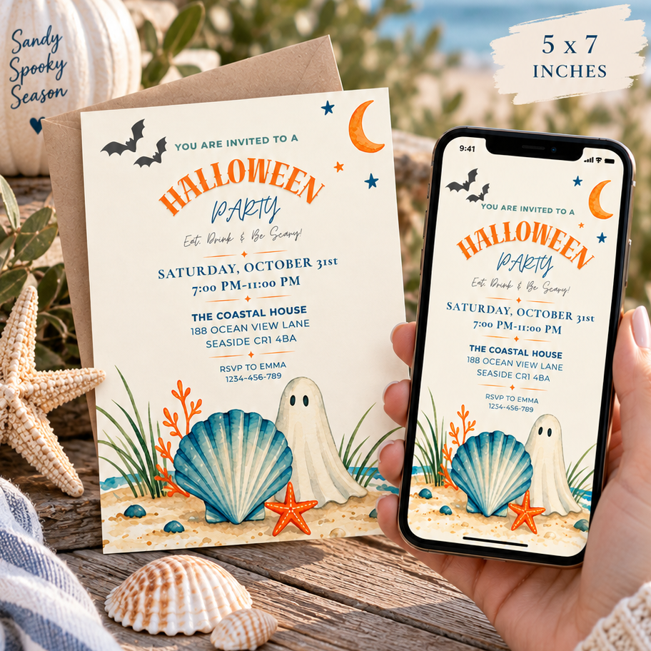 Halloween Coastal Digital Invitation, Beach Halloween Party Invitation, Printable & Mobile Invite