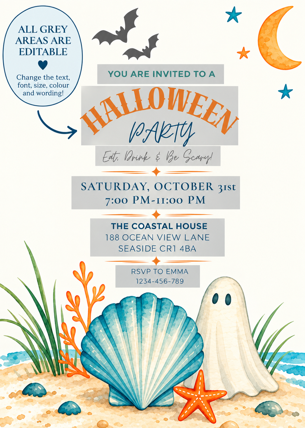 Halloween Coastal Digital Invitation, Beach Halloween Party Invitation, Printable & Mobile Invite