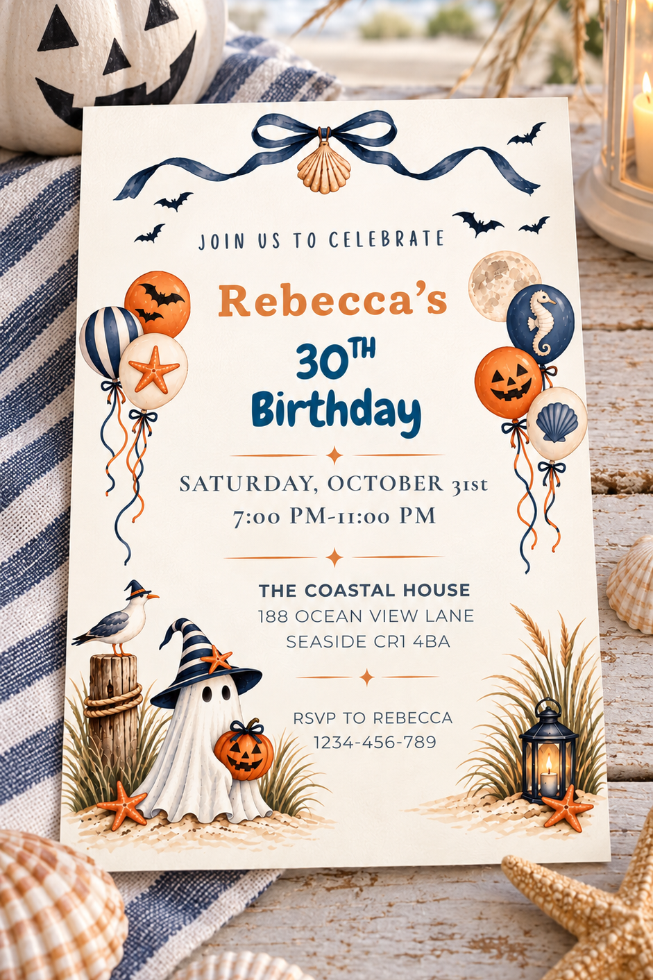 Coastal Halloween Birthday Invitation Template, Printable & Digital Invitation