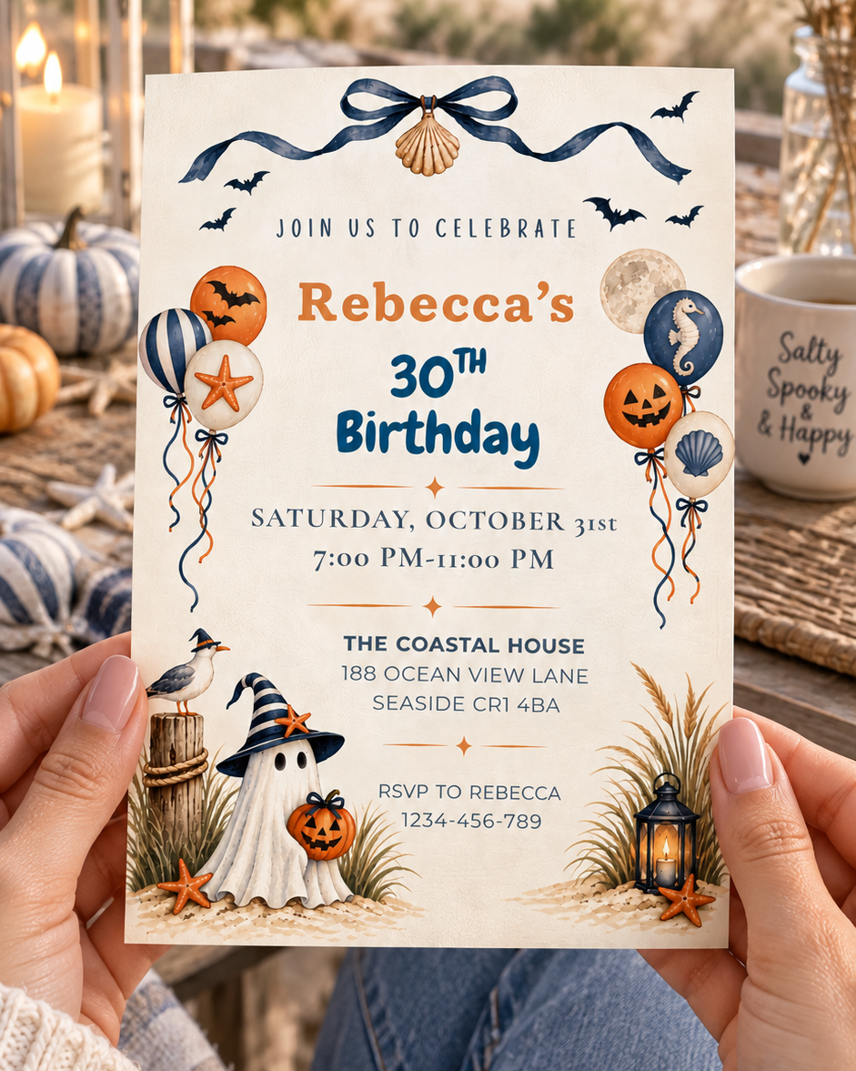 Coastal Halloween Birthday Invitation Template, Printable & Digital Invitation