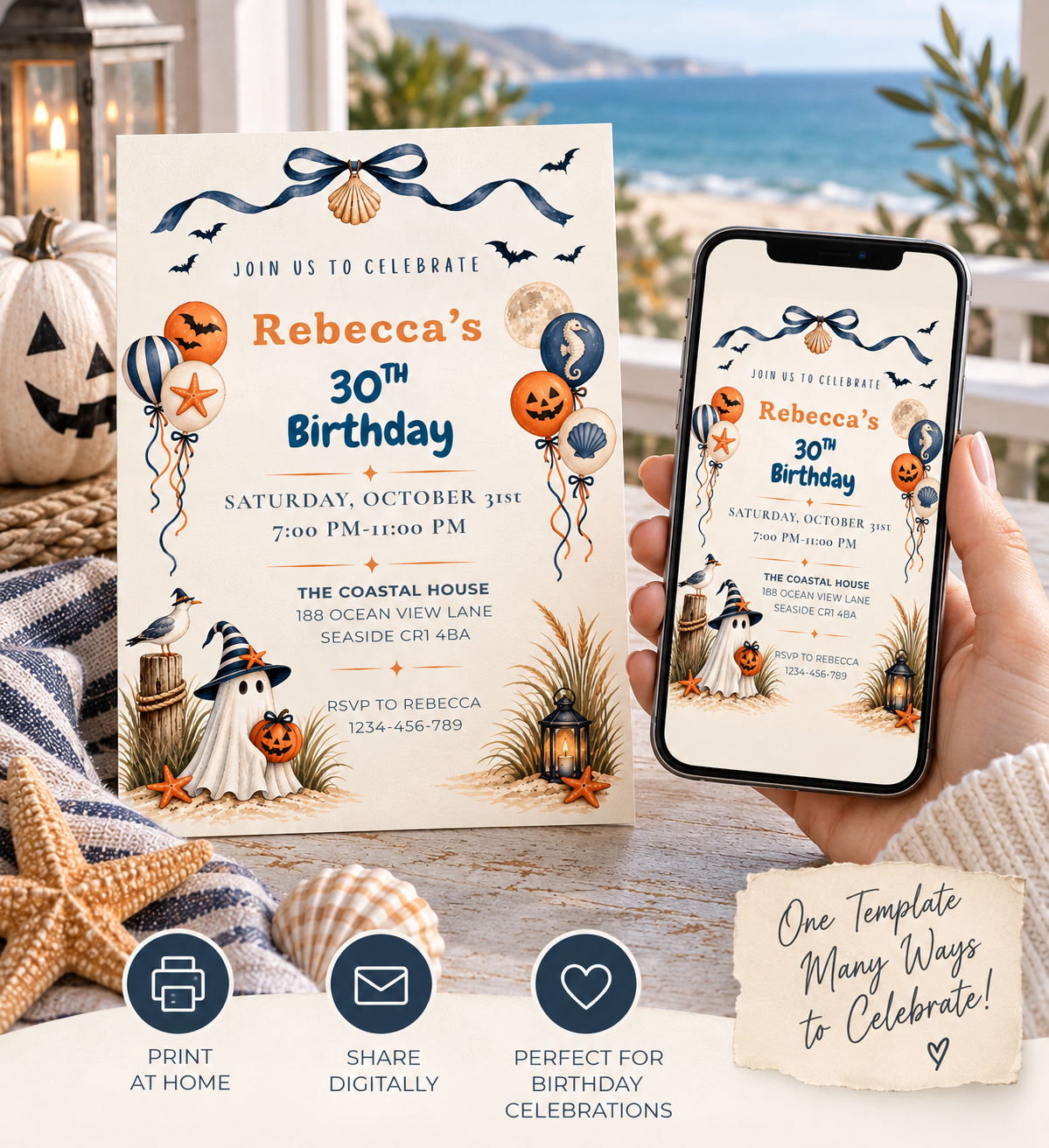 Coastal Halloween Birthday Invitation Template, Printable & Digital Invitation