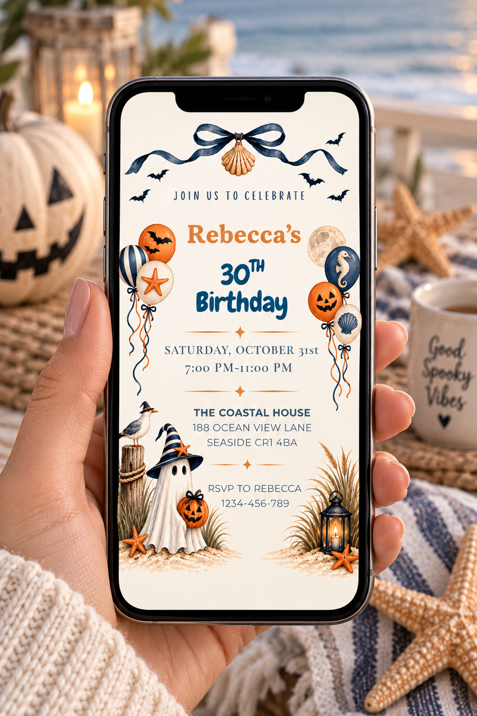 Coastal Halloween Birthday Invitation Template, Printable & Digital Invitation