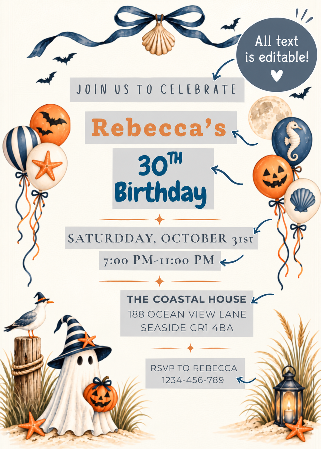 Coastal Halloween Birthday Invitation Template, Printable & Digital Invitation