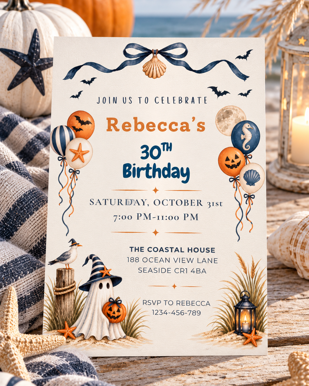 Coastal Halloween Birthday Invitation Template, Printable & Digital Invitation
