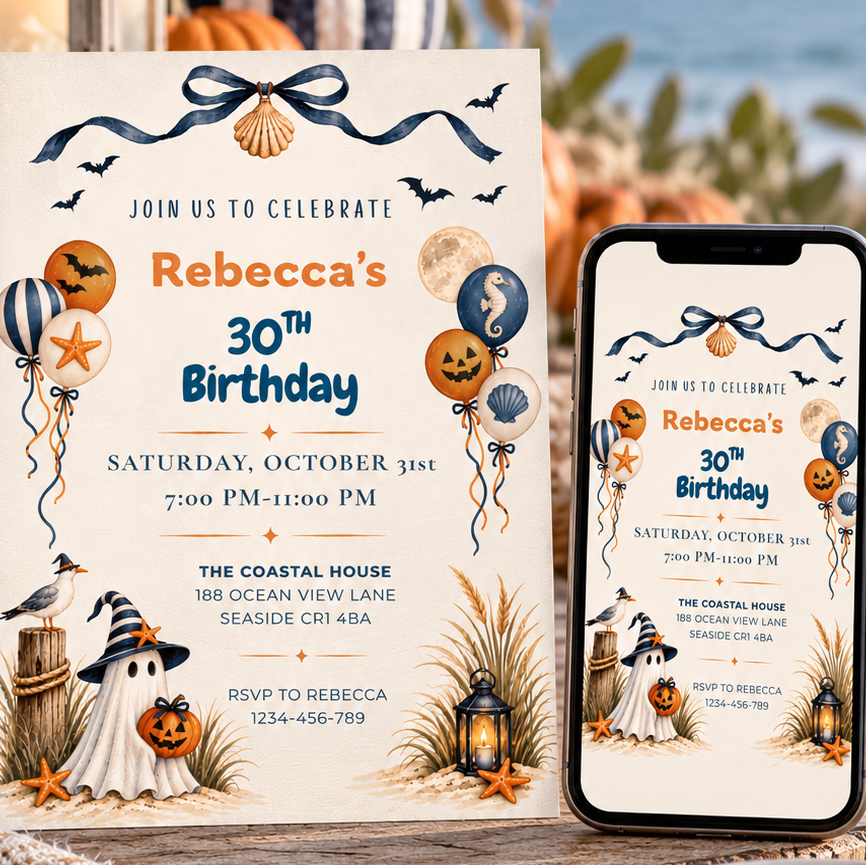 Coastal Halloween Birthday Invitation Template, Printable & Digital Invitation