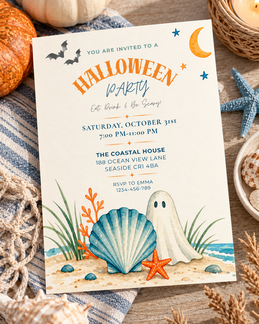 Halloween Coastal Digital Invitation, Beach Halloween Party Invitation, Printable & Mobile Invite