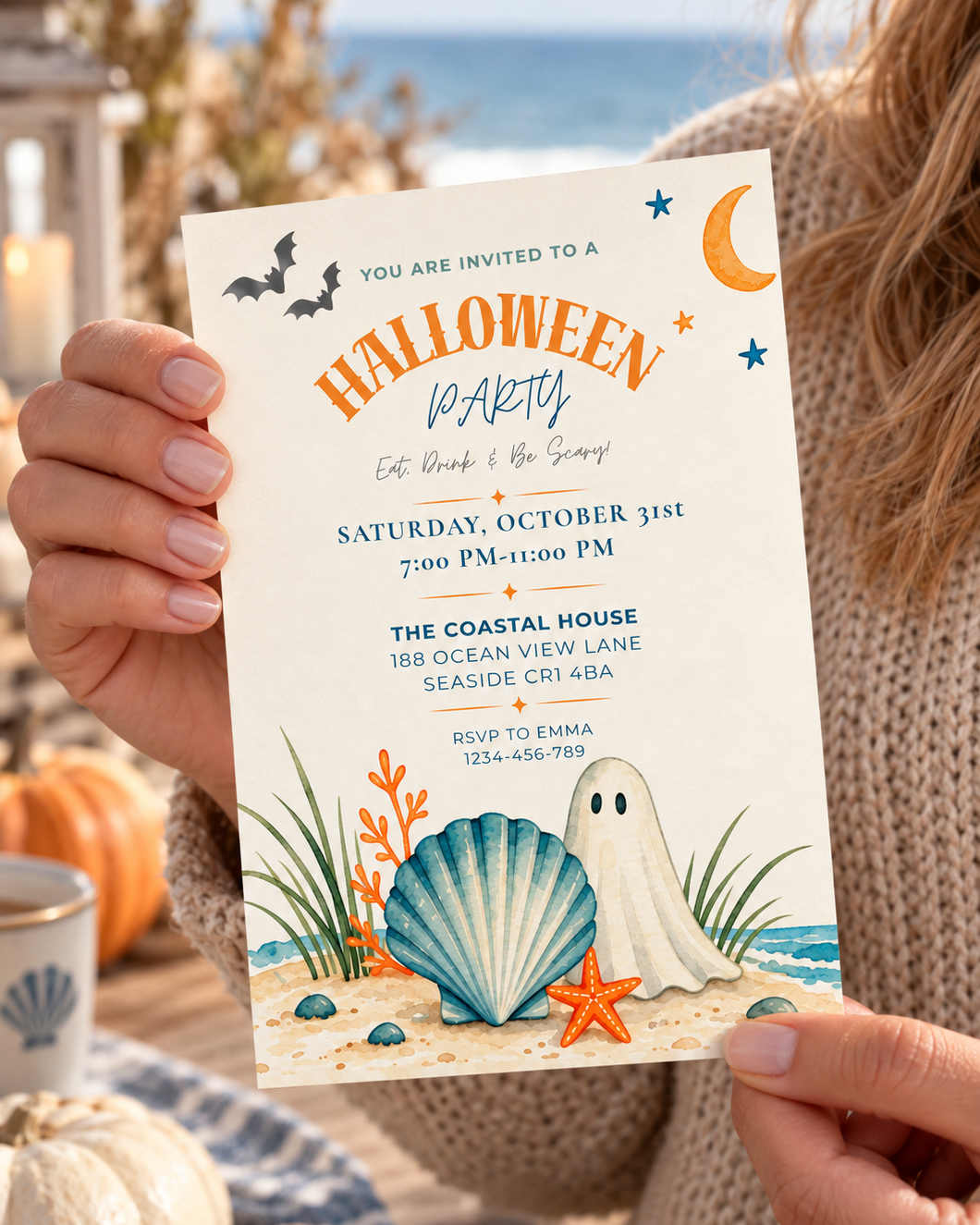Halloween Coastal Digital Invitation, Beach Halloween Party Invitation, Printable & Mobile Invite
