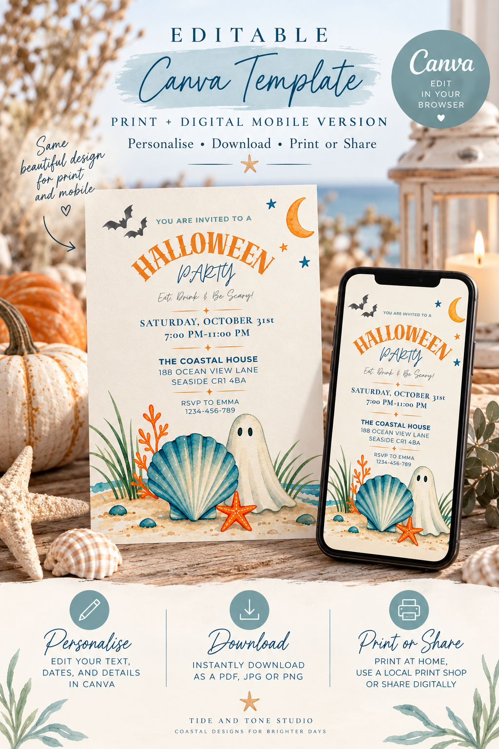 Halloween Coastal Digital Invitation, Beach Halloween Party Invitation, Printable & Mobile Invite