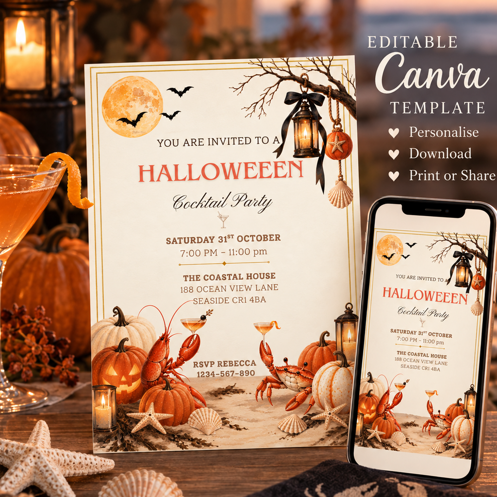 Halloween Cocktail Party Invitation, Coastal Halloween Party Digital Invitation, Printable & Mobile Invite