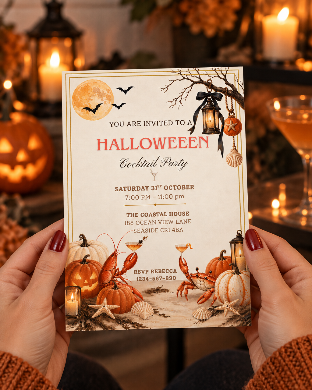 Halloween Cocktail Party Invitation, Coastal Halloween Party Digital Invitation, Printable & Mobile Invite