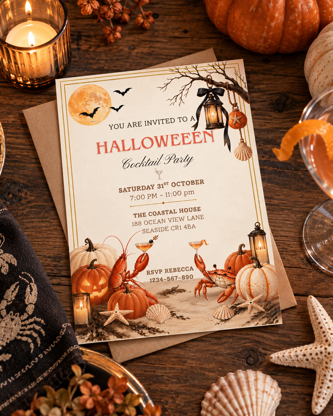 Halloween Cocktail Party Invitation, Coastal Halloween Party Digital Invitation, Printable & Mobile Invite