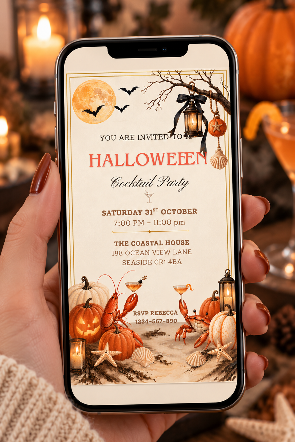 Halloween Cocktail Party Invitation, Coastal Halloween Party Digital Invitation, Printable & Mobile Invite