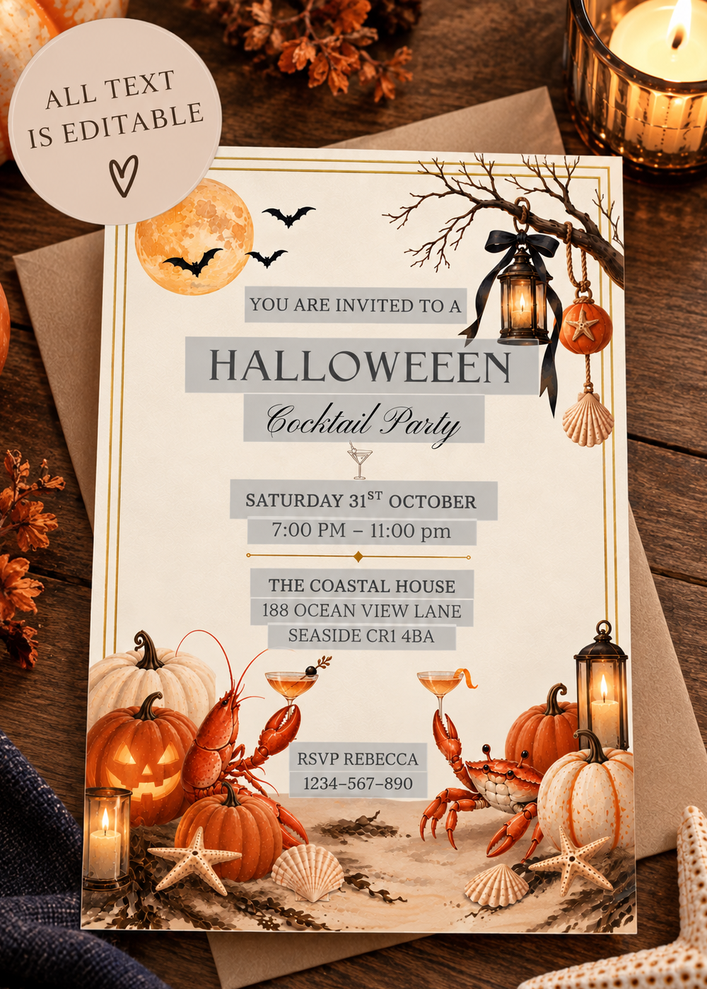 Halloween Cocktail Party Invitation, Coastal Halloween Party Digital Invitation, Printable & Mobile Invite