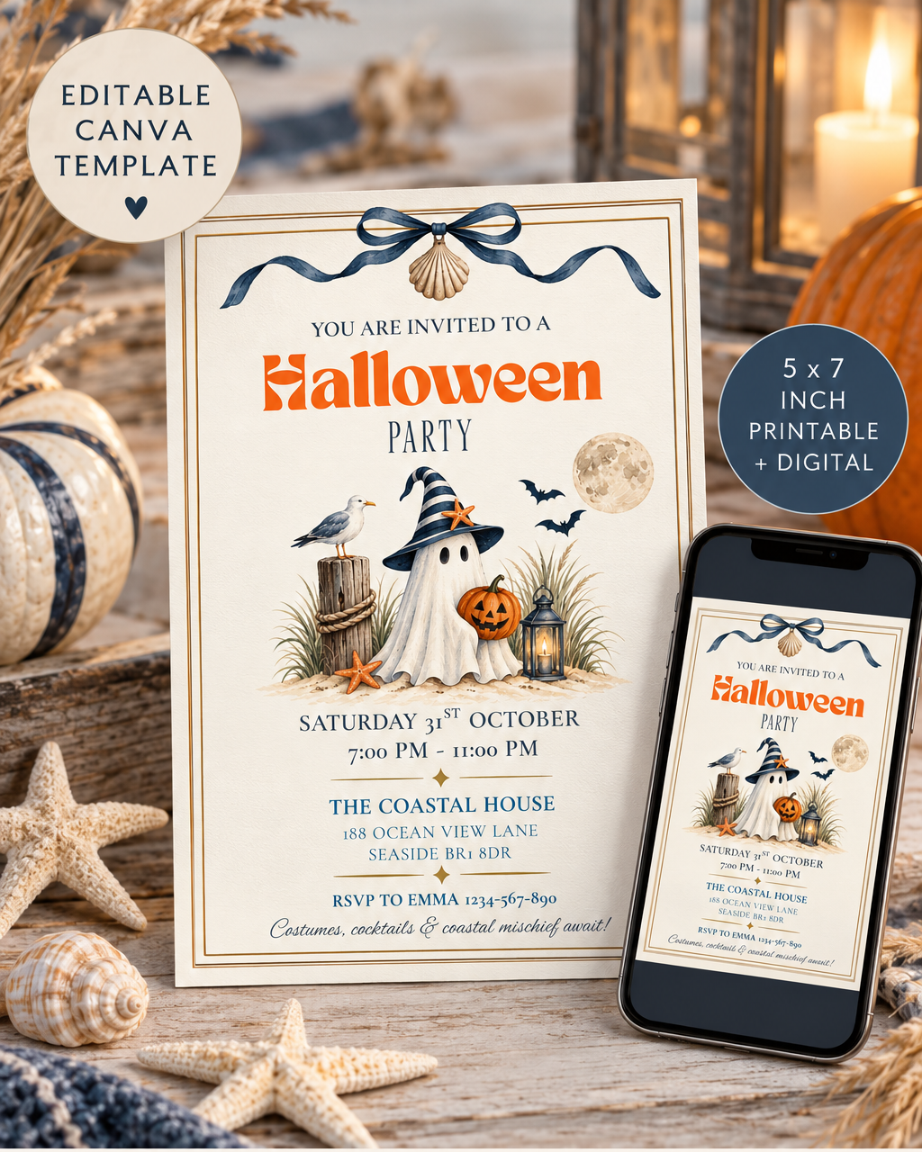 Halloween Party Invitation, Coastal Halloween Party Invite, Digital & Printable Invitation
