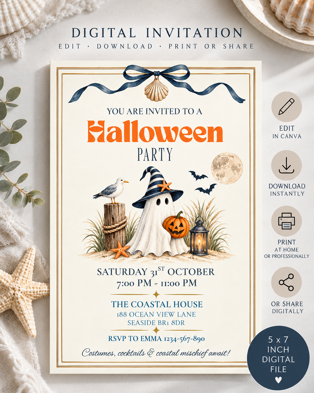 Halloween Party Invitation, Coastal Halloween Party Invite, Digital & Printable Invitation