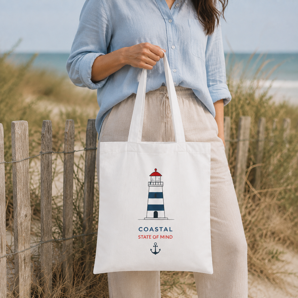 "Coastal State of Mind" Cotton Tote,  Nautical Lighthouse Beach Bag