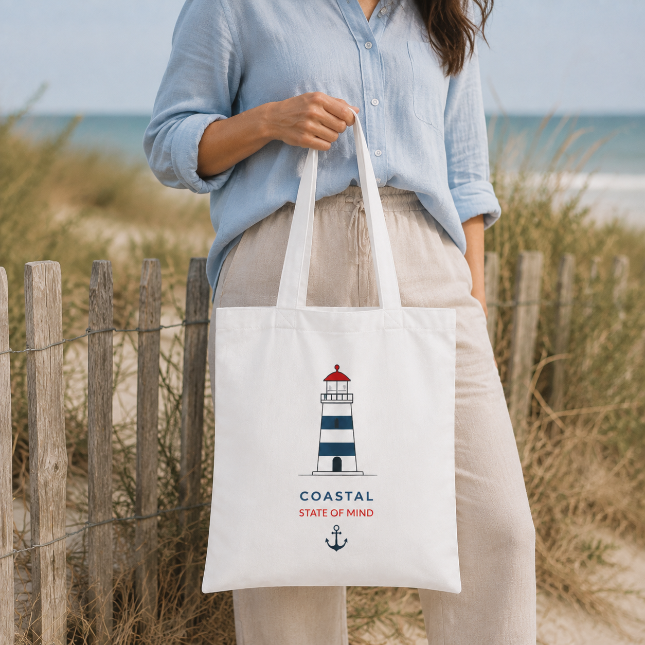 "Coastal State of Mind" Cotton Tote,  Nautical Lighthouse Beach Bag