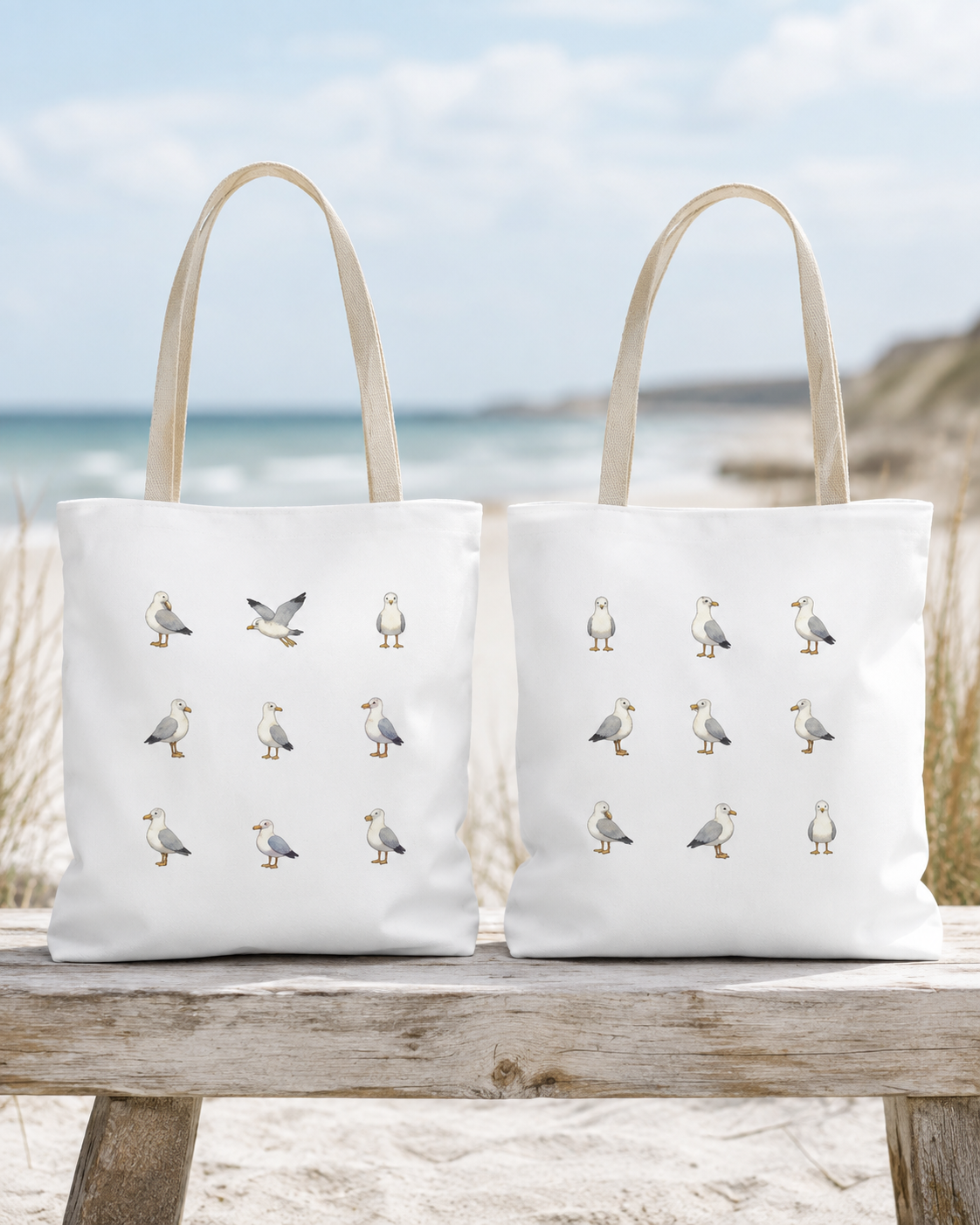 Seagull Pattern Tote Bag, Cute Coastal Beach Tote