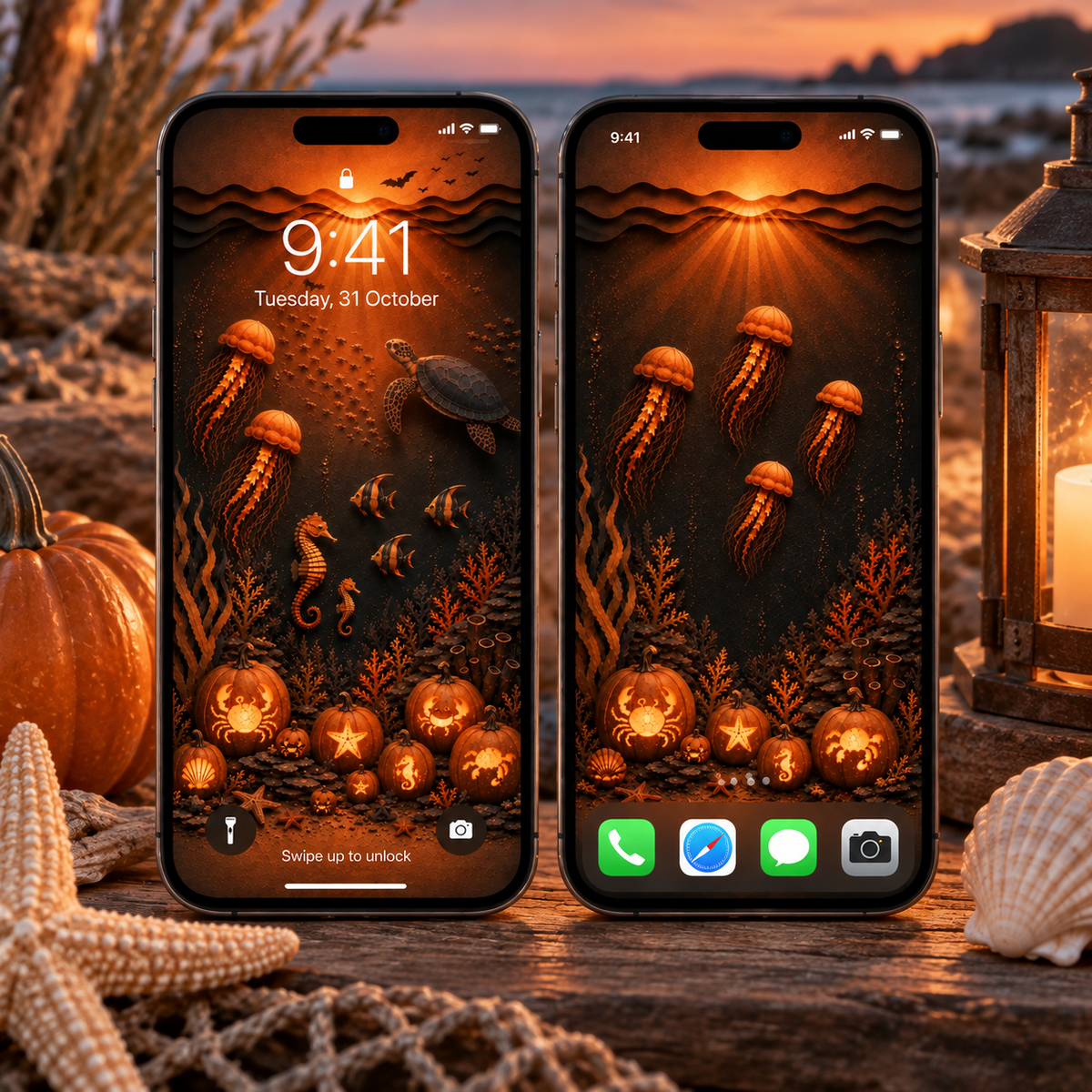 Coastal Halloween Phone Wallpaper Set, Ocean Halloween Lock & Home Screen Backgrounds