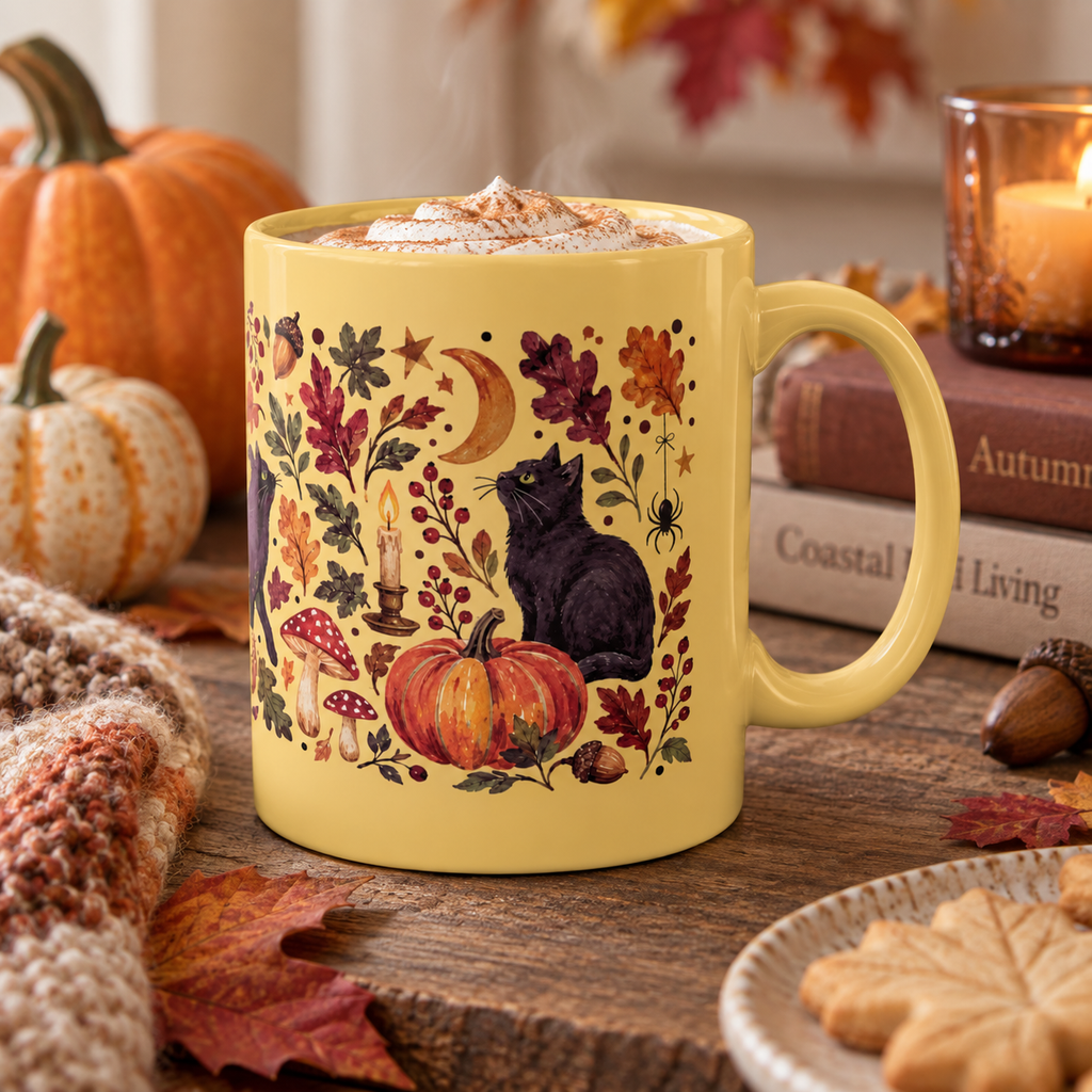 Autumn Black Cat Ceramic Mug,  Pumpkins Fall Coffee Cup