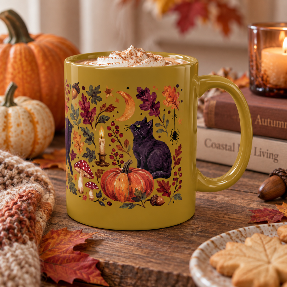 Autumn Black Cat Ceramic Mug,  Pumpkins Fall Coffee Cup