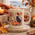 Autumn Black Cat Ceramic Mug,  Pumpkins Fall Coffee Cup