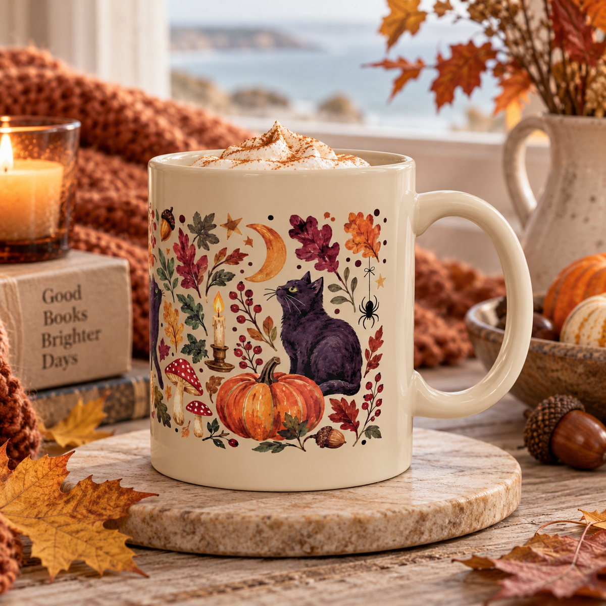 Autumn Black Cat Ceramic Mug,  Pumpkins Fall Coffee Cup