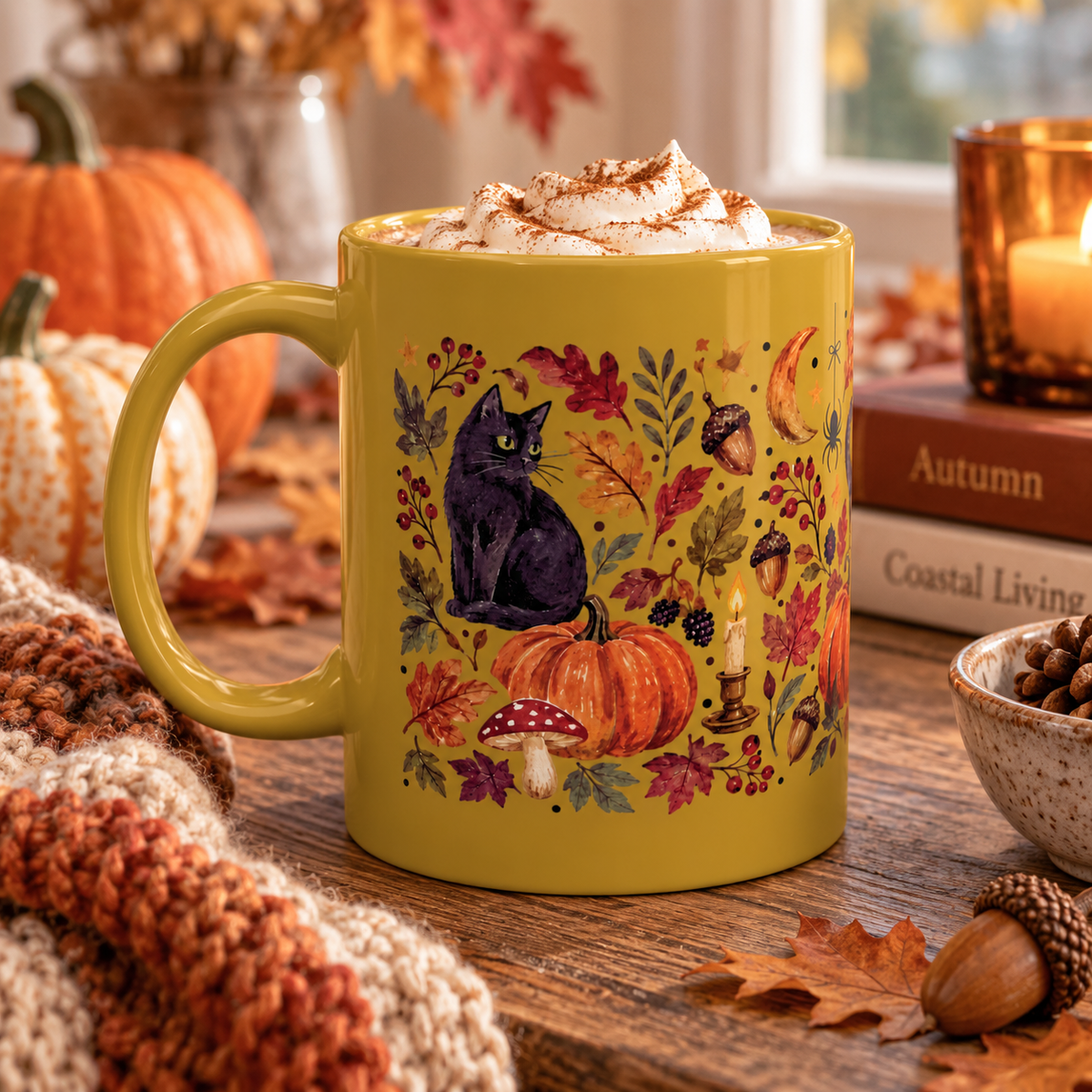 Autumn Black Cat Ceramic Mug,  Pumpkins Fall Coffee Cup