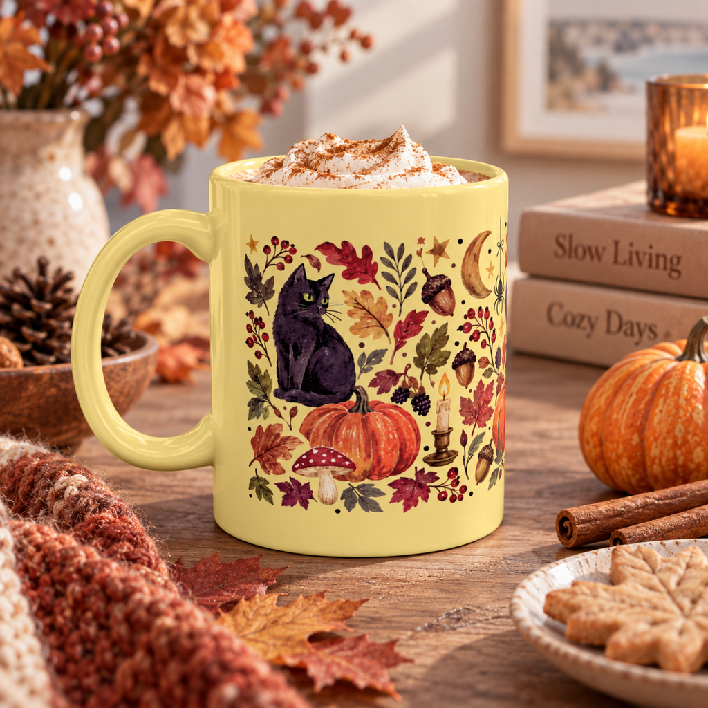 Autumn Black Cat Ceramic Mug,  Pumpkins Fall Coffee Cup