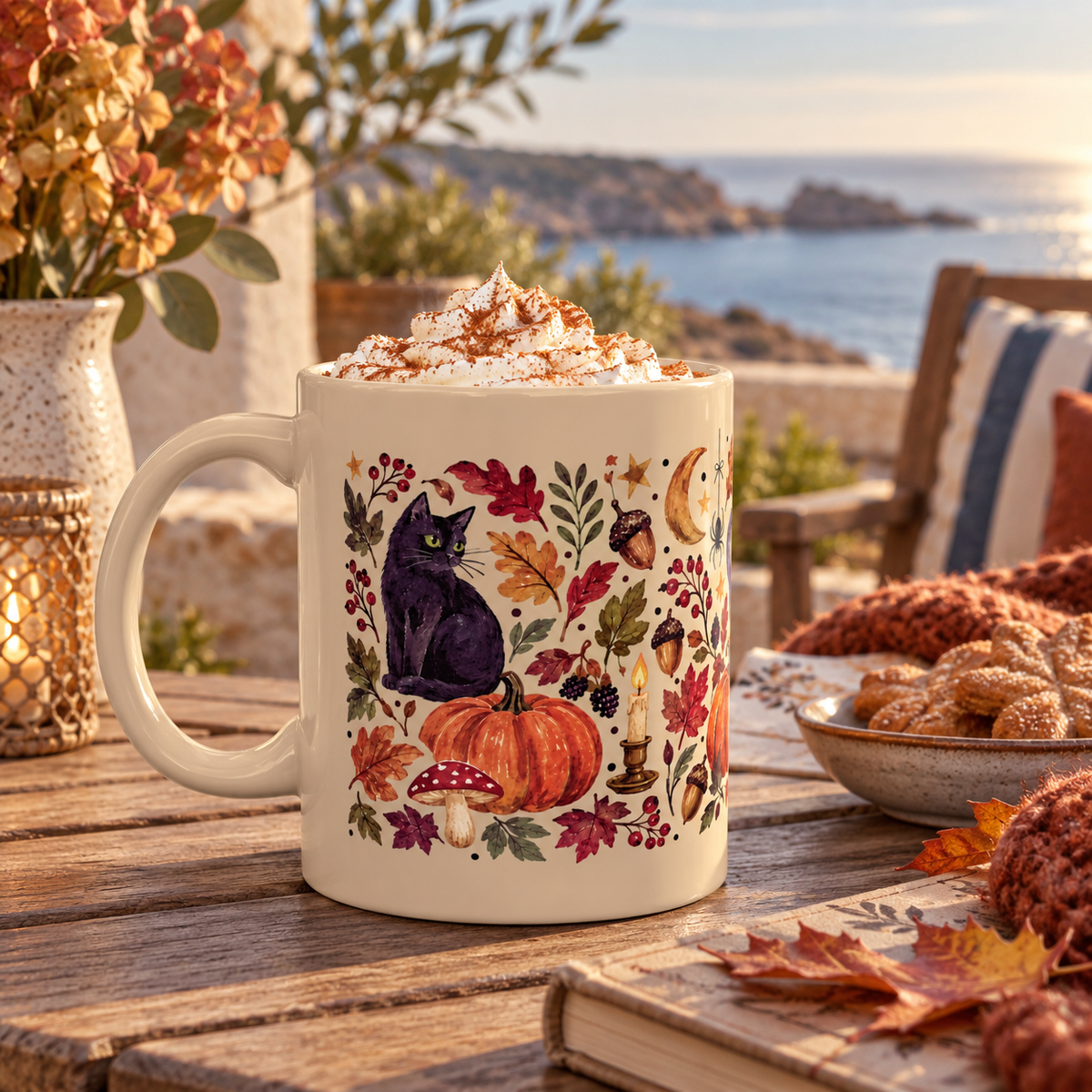 Autumn Black Cat Ceramic Mug,  Pumpkins Fall Coffee Cup