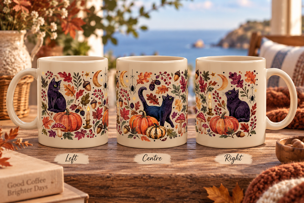 Autumn Black Cat Ceramic Mug,  Pumpkins Fall Coffee Cup