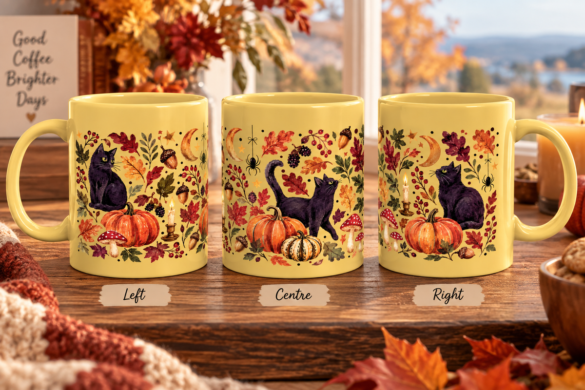 Autumn Black Cat Ceramic Mug,  Pumpkins Fall Coffee Cup