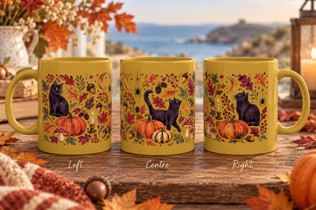 Autumn Black Cat Ceramic Mug,  Pumpkins Fall Coffee Cup
